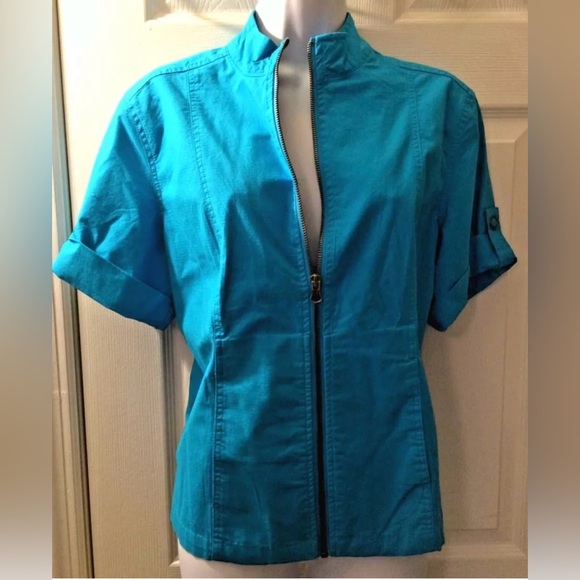 CHICO’S Regatta Cotton Seaway Aquarius Jack Coat Short Sleeve Turquoise Blue - Picture 8 of 8